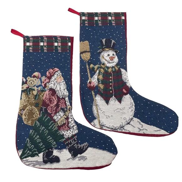 Tapestry Christmas Stockings Lot of 2 Santa and Snowman - Picture 1 of 7